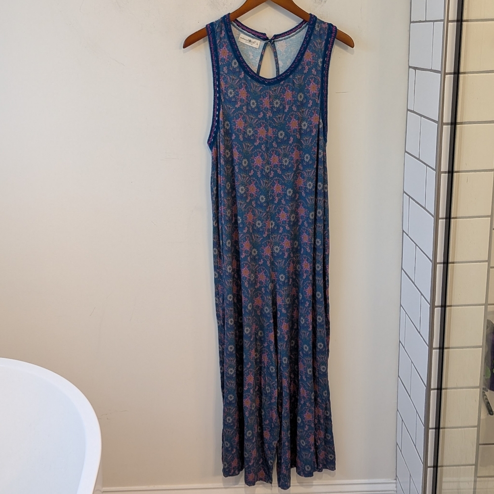Natural Life Floral Crochet Cut Out Romper Jumpsuit Large Stretchy Jersey Knit